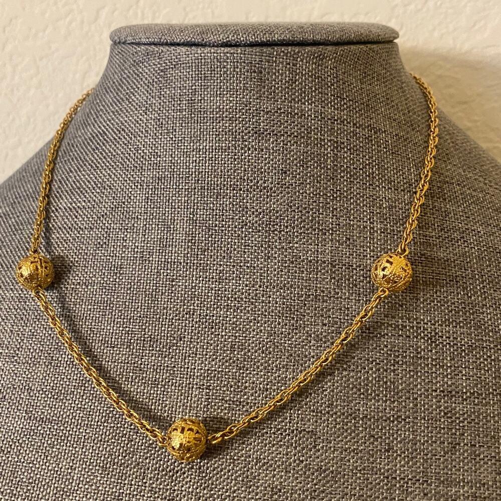 Gold Tone Rope Chain Necklace With Filigree Bead Stations